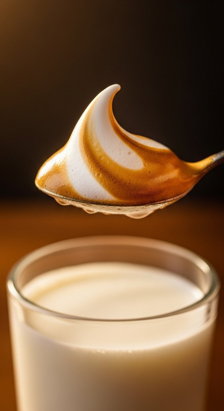 The Perfect Dalgona Coffee Recipe For Fluffy Whipped Coffee 10 Macro shot of a spoonful of thick, glossy Dalgona coffee foam with a stiff peak, showing its perfect meringue-like texture.