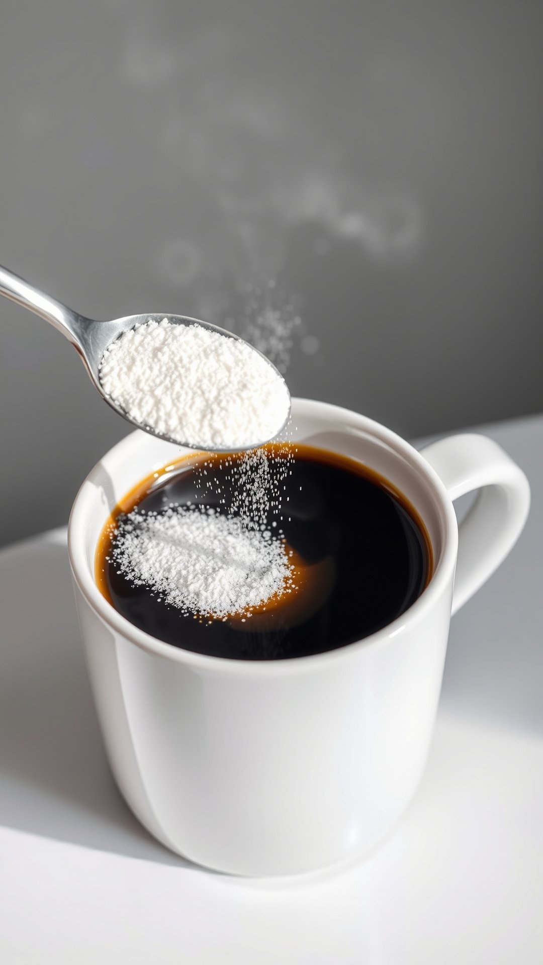 Macro shot of a spoonful of white collagen peptides powder being sprinkled into and dissolving in a mug of black coffee.