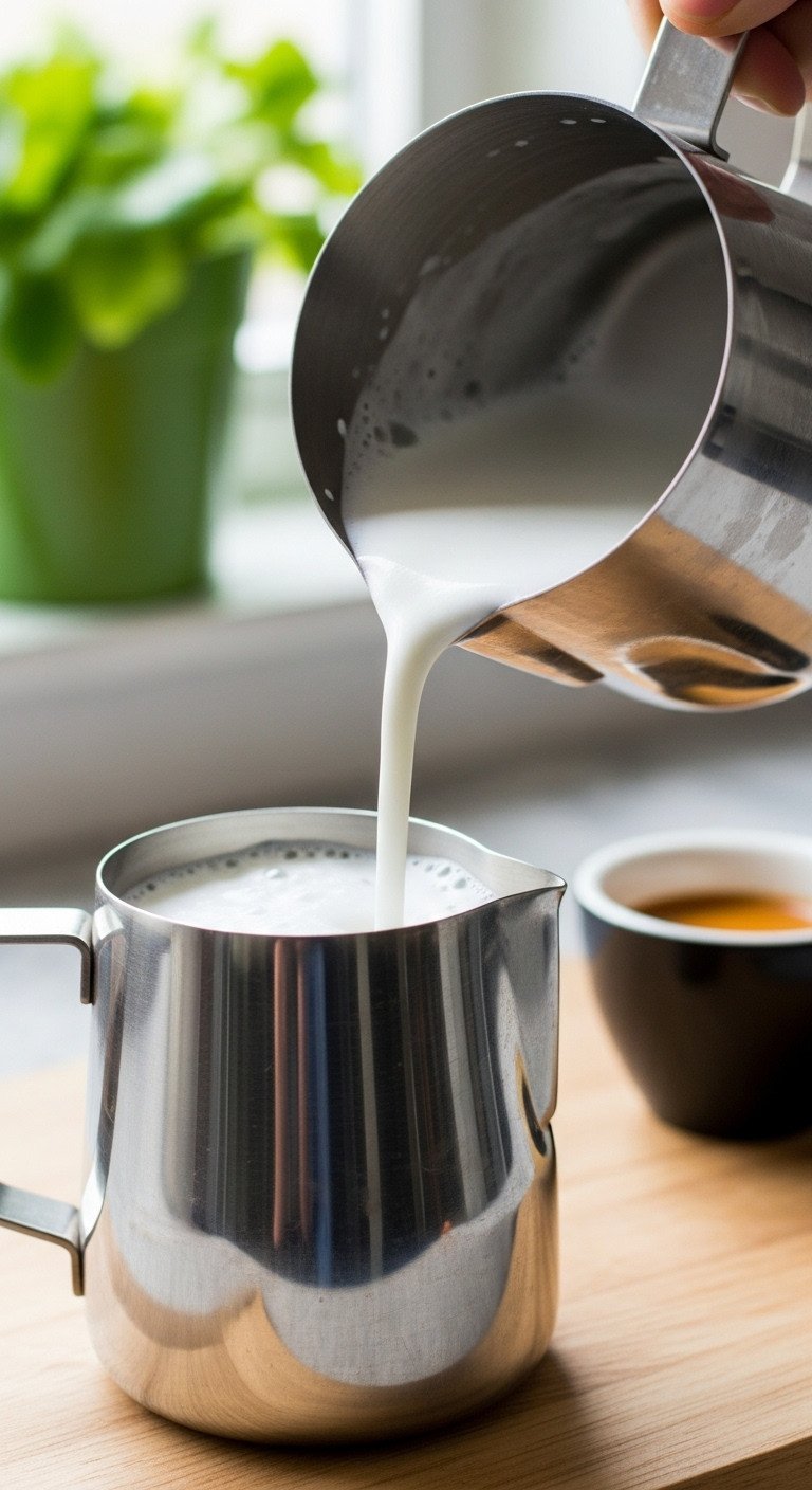Macro shot of a tilted steel pitcher showing perfectly steamed microfoam with a glossy, wet paint texture for latte art.