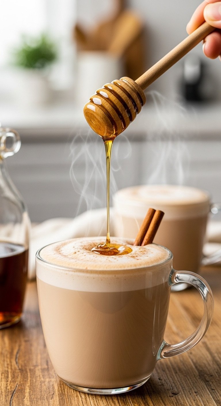 Cozy Chai Tea Latte Recipe That Tastes Better Than A Cafe 9 Macro shot of a wooden dipper drizzling golden maple syrup into a steaming ceramic mug of creamy chai latte on a rustic table.