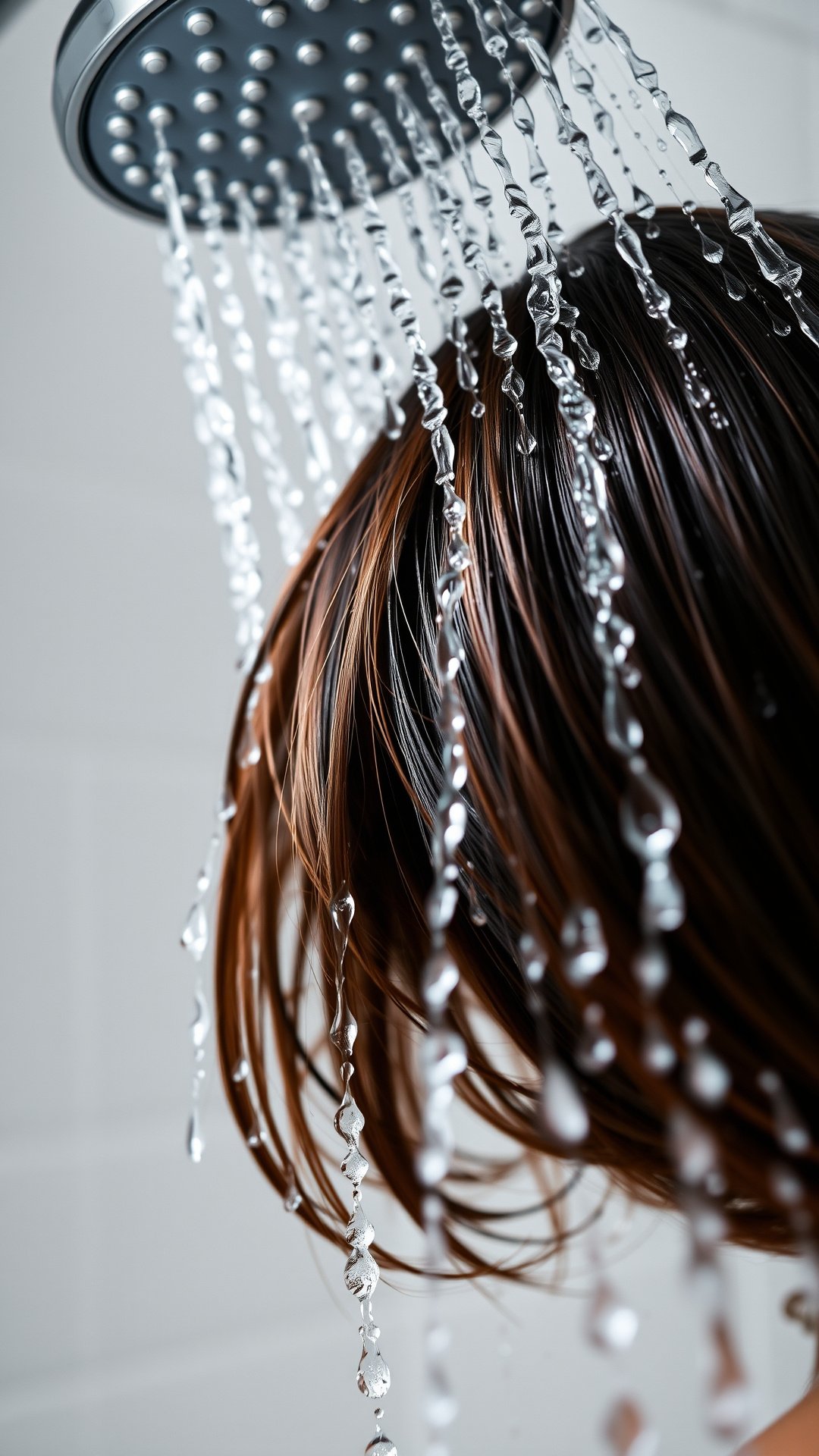 The Proven Coffee Hair Dye Recipe For A Natural Brown Tint 13 Macro shot of clear water from a showerhead rinsing a coffee treatment from shiny, damp brunette hair against a tile wall.