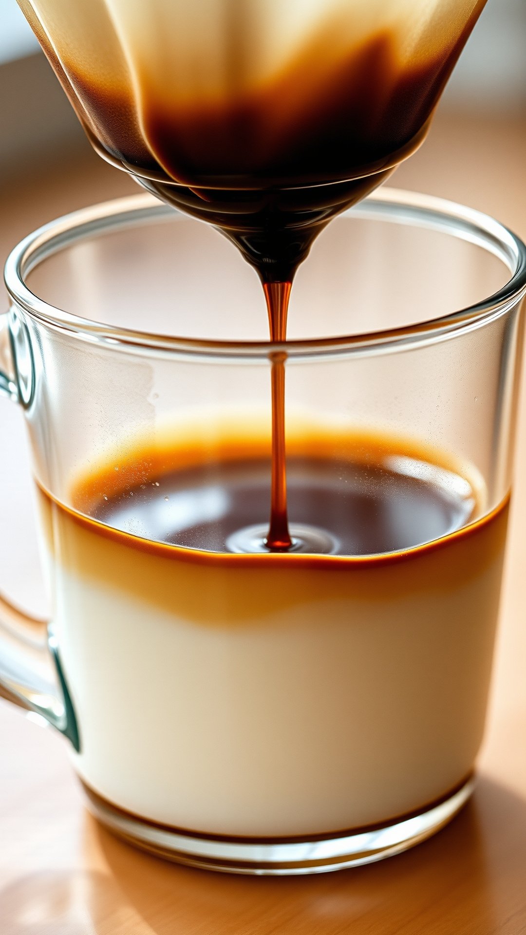 Macro shot of dark coffee slowly dripping from a phin filter, creating a layer over condensed milk in a glass mug.