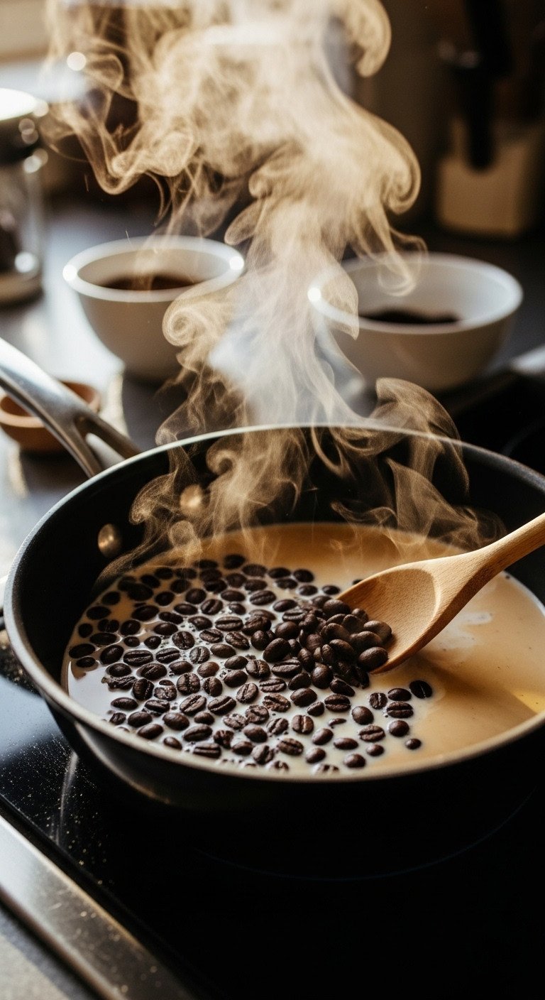 Unlock The Secret To Perfectly Creamy Coffee Ice Cream 3 Macro shot of dark-roasted coffee beans steeping in steamy milk in a saucepan, infusing the milk with rich coffee color.