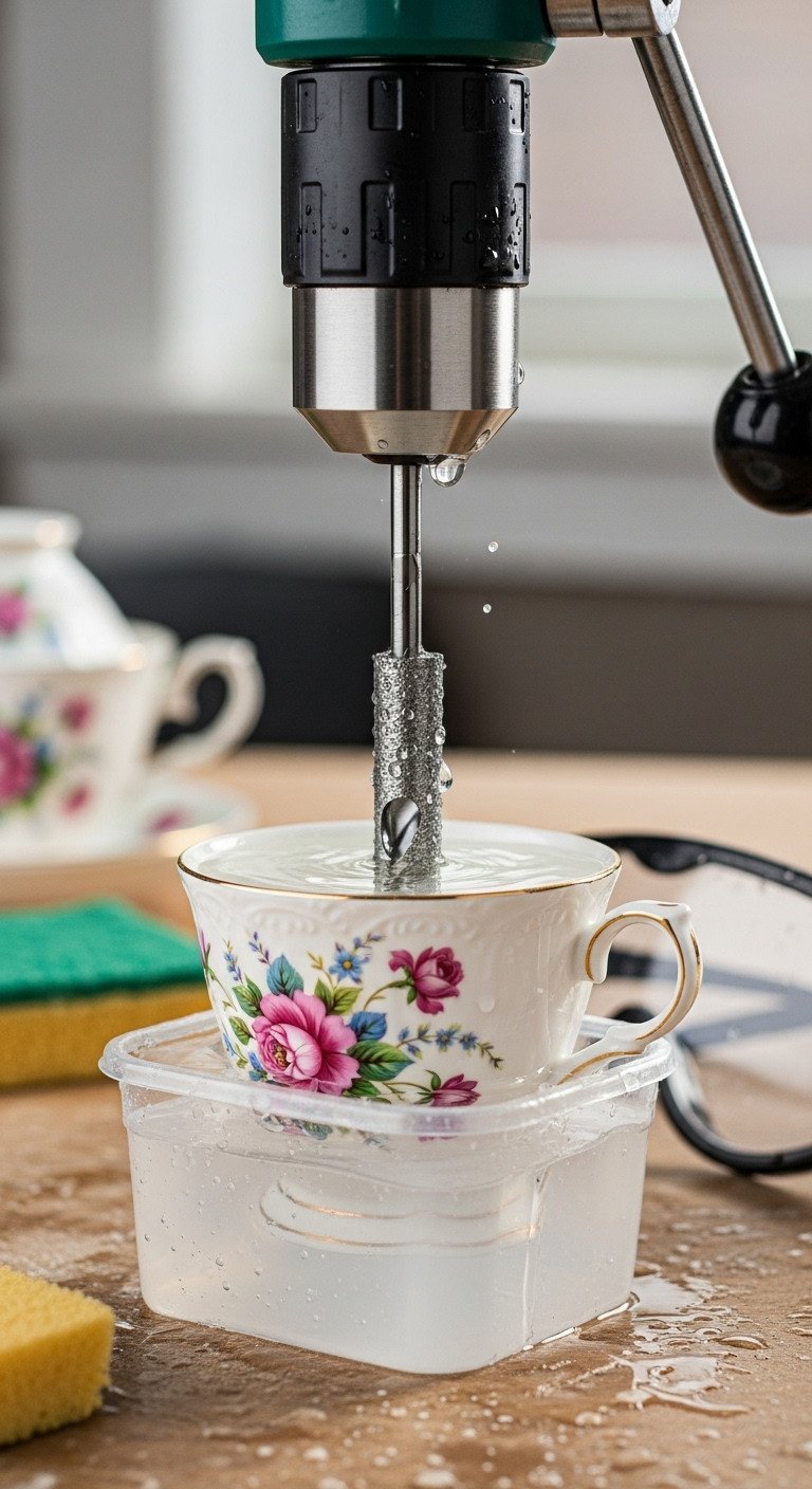 Teacup Chandelier DIY Secrets Wiring Safety And Porcelain Drilling 3 Macro shot of diamond core drill bit wet drilling a hole through a floral teacup, showing porcelain crafting process.