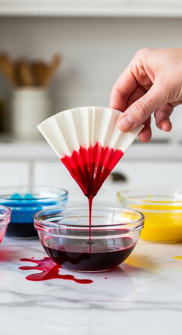 Macro shot of folded coffee filters being dip-dyed in a glass bowl of vibrant red liquid for a colorful DIY flower craft.