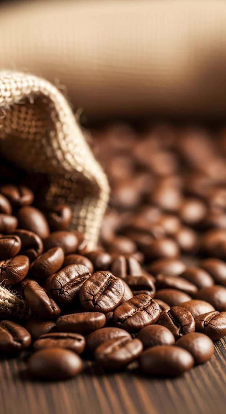 Macro shot of glossy, medium-roast coffee beans spilling from a burlap sack onto a rustic wooden table in warm light.