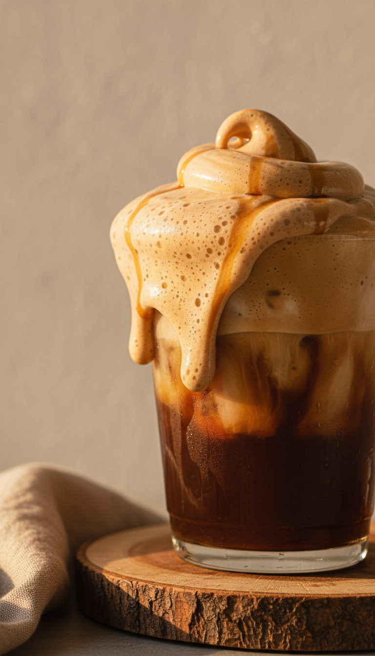 Macro shot of iced coffee overflowing with thick, creamy cold foam, syrup drizzle, condensation. On a wooden coaster.