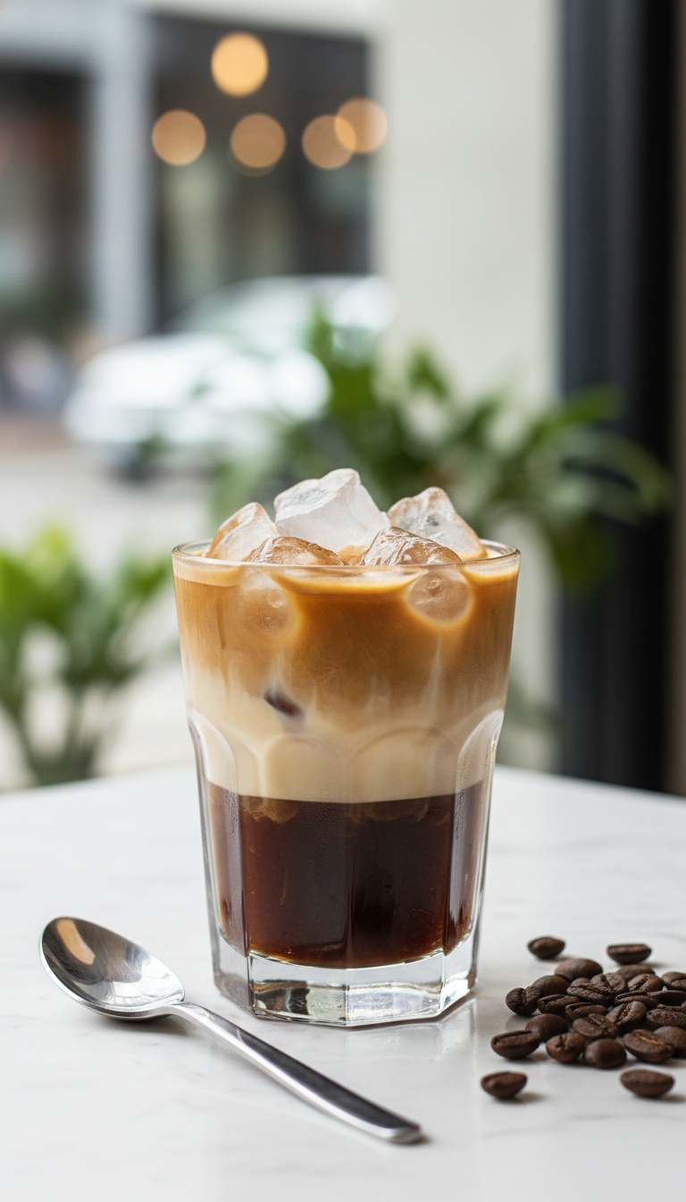Macro shot of sophisticated layered iced espresso, dark base with creamy middle, ice, on a marble counter. Elegant coffee shop drink.