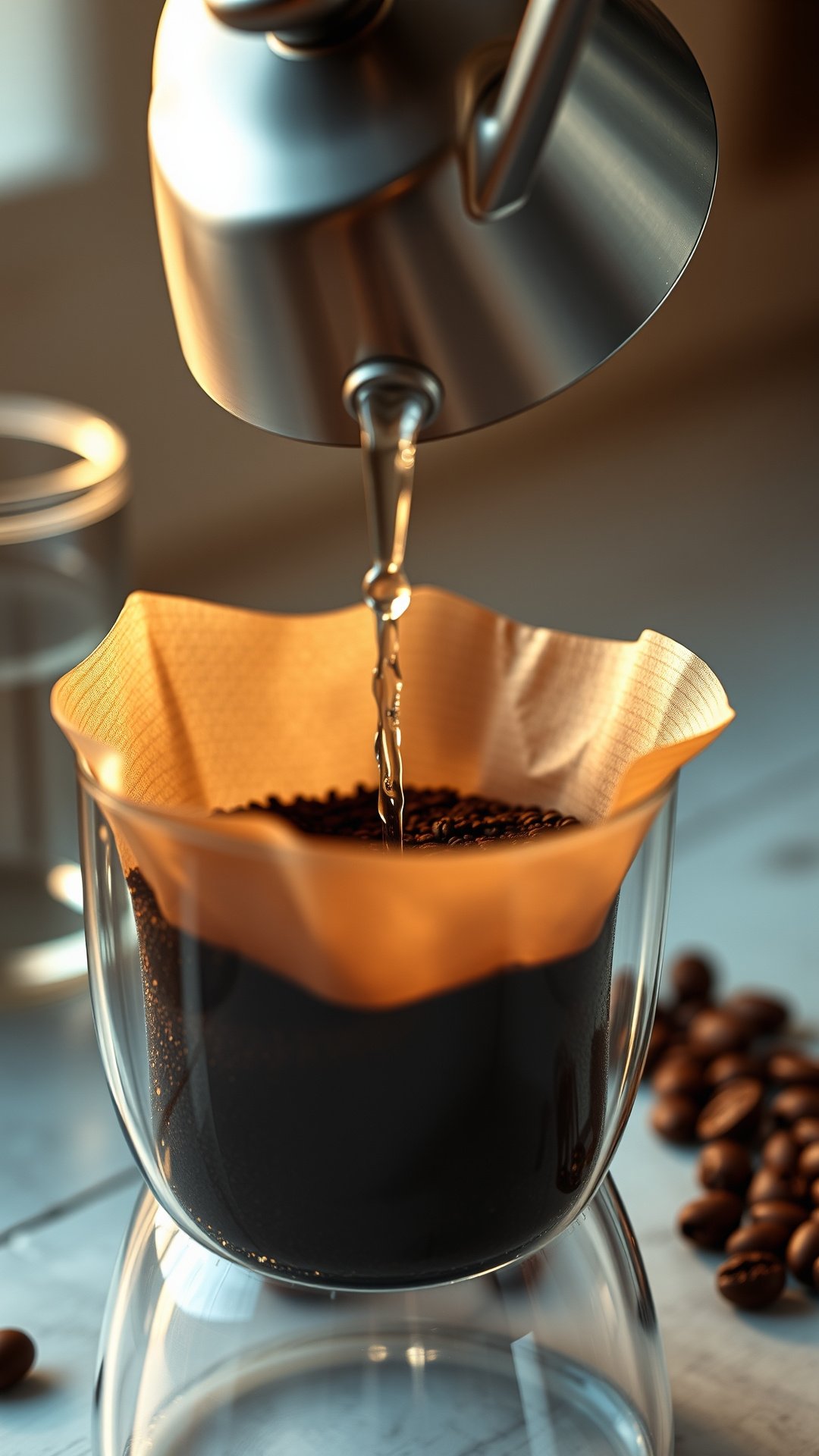 Macro shot of the coffee blooming phase as hot water is poured onto dark coffee grounds in a stainless steel phin filter.