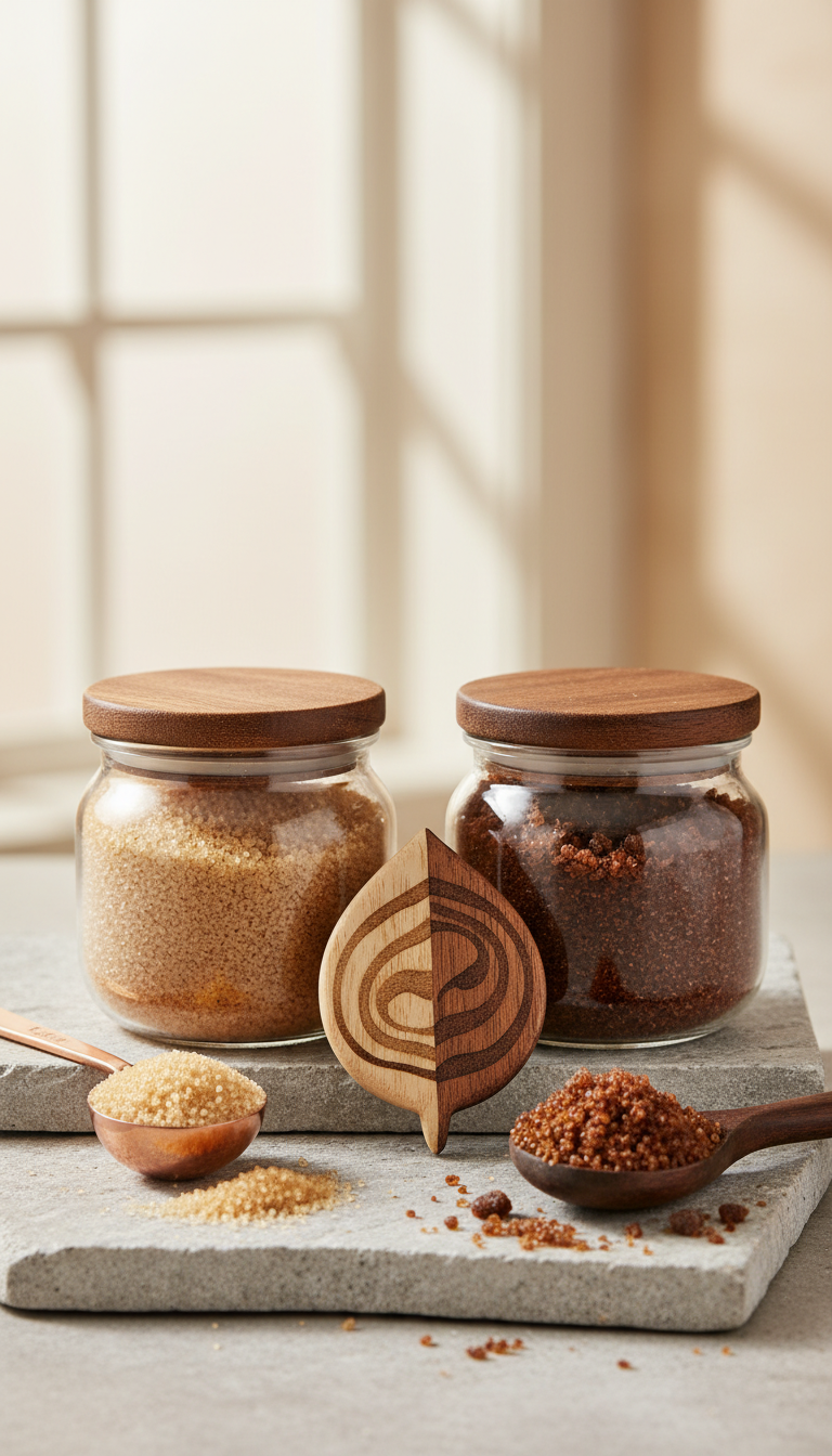 Macro view of light and dark brown sugar in bowls, showcasing distinct colors and textures on a stone surface.