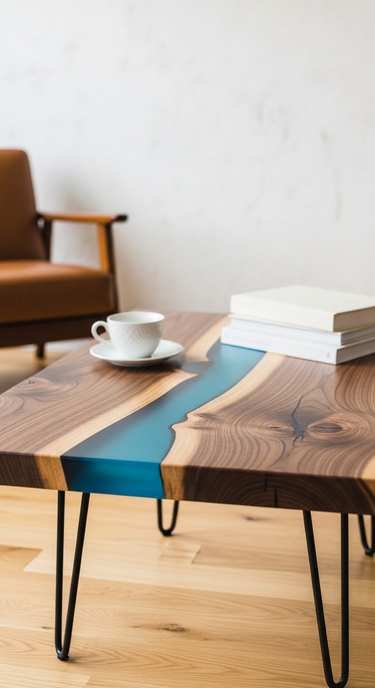 Magazine-quality photo of a custom blue epoxy resin river coffee table, live edge walnut, black hairpin legs, with a coffee cup and books.
