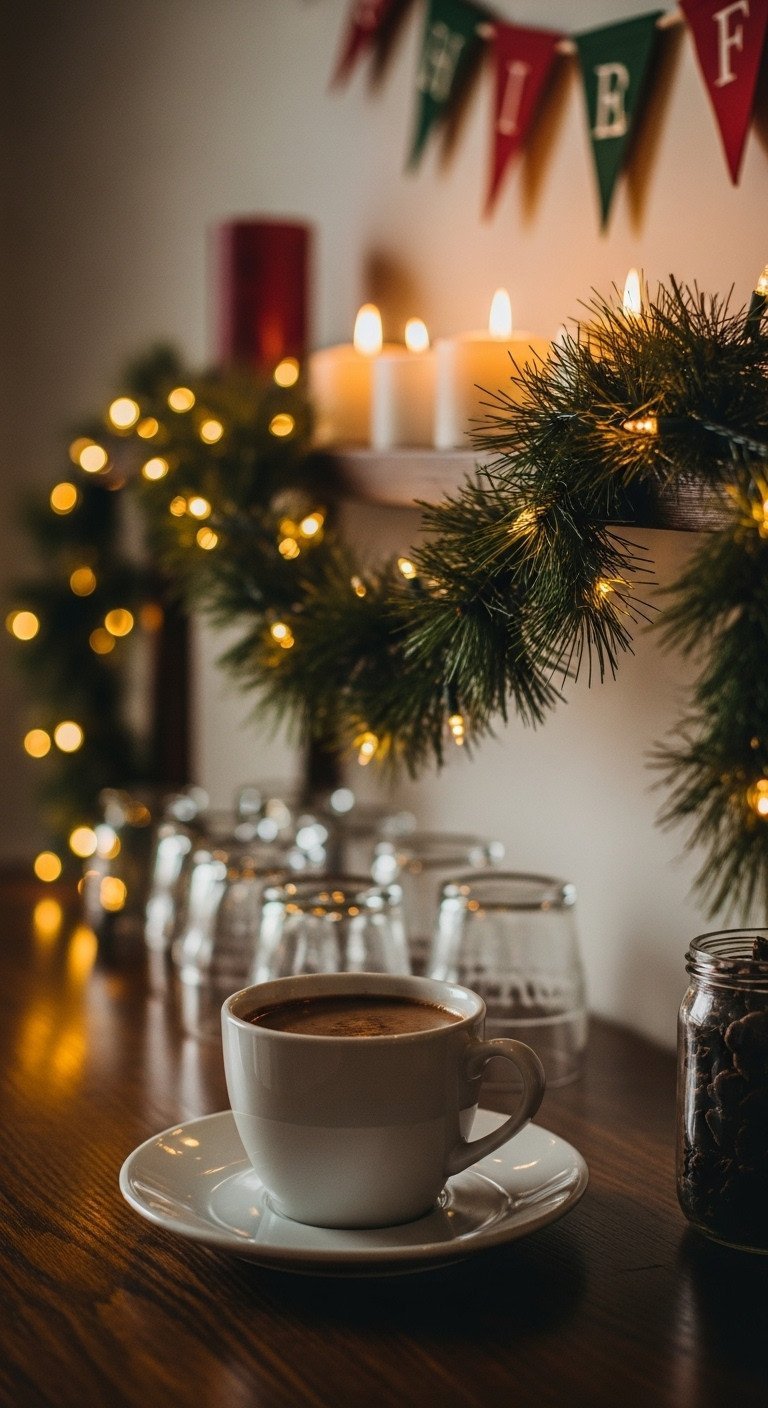 11 Genius Christmas Coffee Hot Chocolate Bar Ideas 19 Magical Christmas hot chocolate bar with warm string lights interwoven through a lush pine garland and candles.
