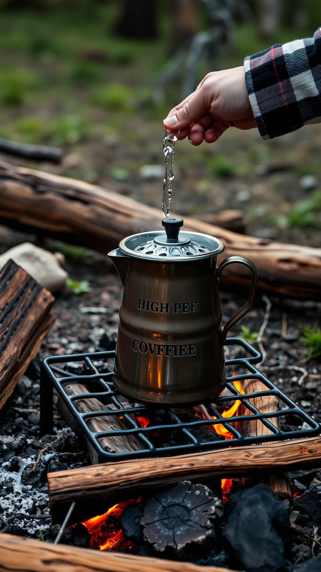 Makeshift French press hack showing coffee being poured from one mug to another using a spoon to filter the grounds.