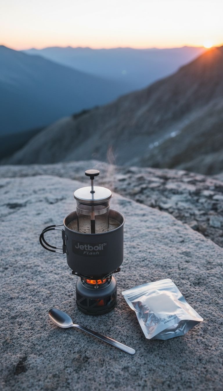 Making French press coffee in a Jetboil on a granite rock with an epic mountain vista view during a backpacking sunrise.