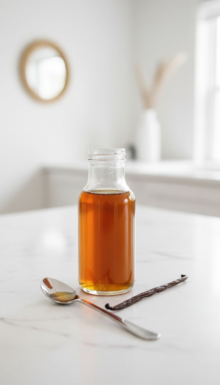 Making a layered iced coffee by pouring coffee and vanilla syrup over ice in a tall glass on a clean white marble countertop.