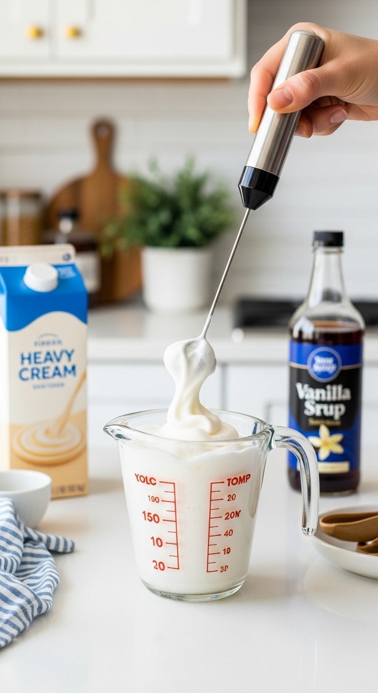 Making sweet cream cold foam in a glass measuring cup with a handheld milk frother on a clean white kitchen countertop.