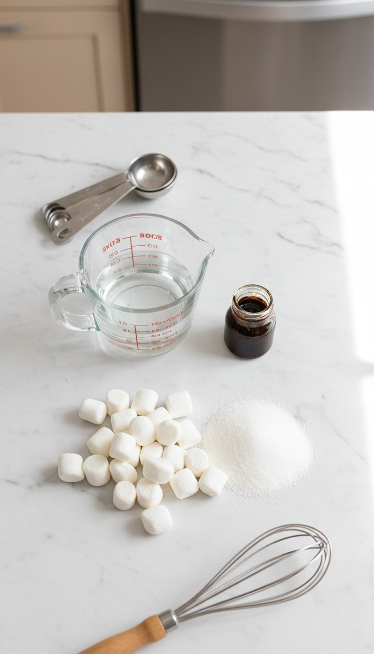 Marshmallow syrup ingredients: mini marshmallows, sugar, water, vanilla bean paste, measuring spoons on marble.
