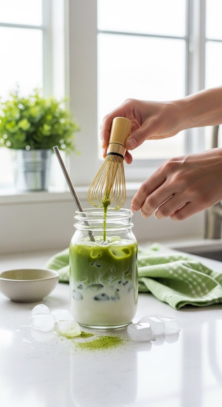 Matcha Latte Recipe The Secret to Non-Bitter Clump Free Smoothness 15 Mason jar with whisked matcha and milk, ready for shaking; electric whisk nearby for alternative preparation.