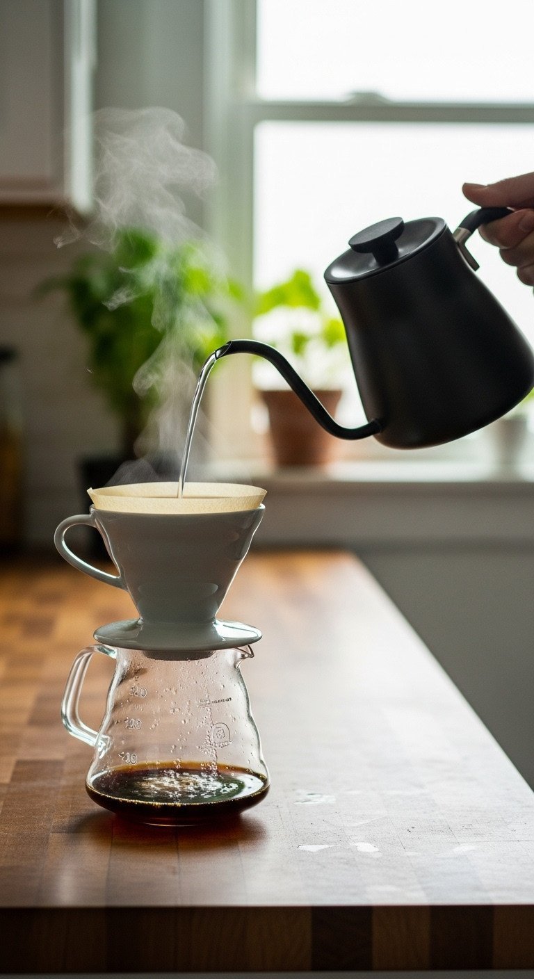 Matte black gooseneck kettle pouring hot water into a ceramic pour-over dripper to brew coffee on a butcher block counter.