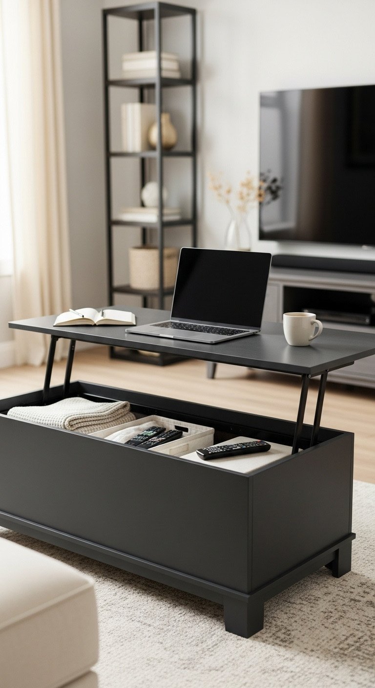 Matte black lift-top coffee table elevated, revealing hidden storage with blankets; used as a workspace with laptop and mug.