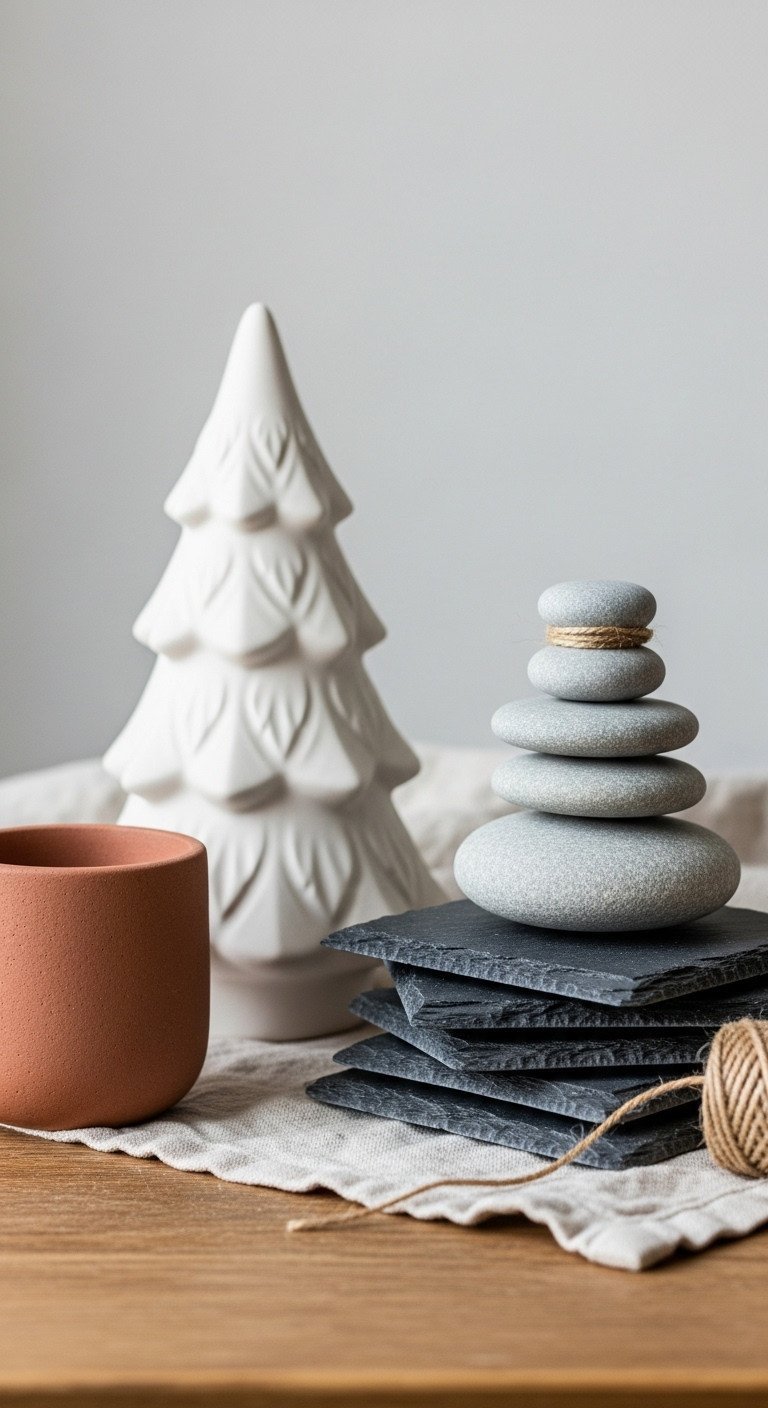 Matte white ceramic Christmas tree, dark gray slate coasters, river stones, and twine on rustic wood. Clean, modern holiday decor.