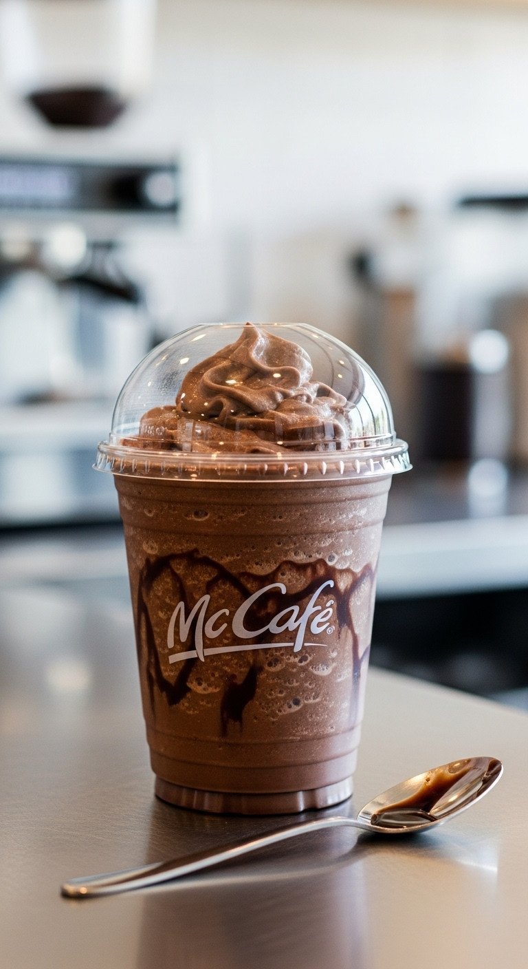 Mocha Frappe Copycat Guide For Perfect Creamy Texture 11 McCafé style mocha frappe in plastic cup with dome lid, deep chocolate color, rich coating, on steel surface.