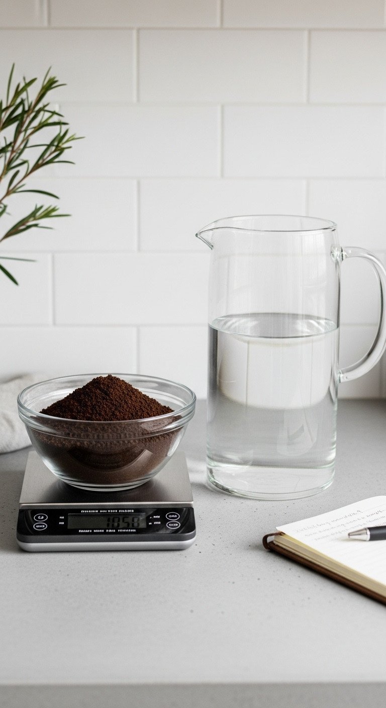 Make Perfect Cold Brew Coffee At Home Without The Mistakes 5 Measuring coarse coffee grounds in a glass bowl on a digital kitchen scale for a homemade cold brew coffee recipe.