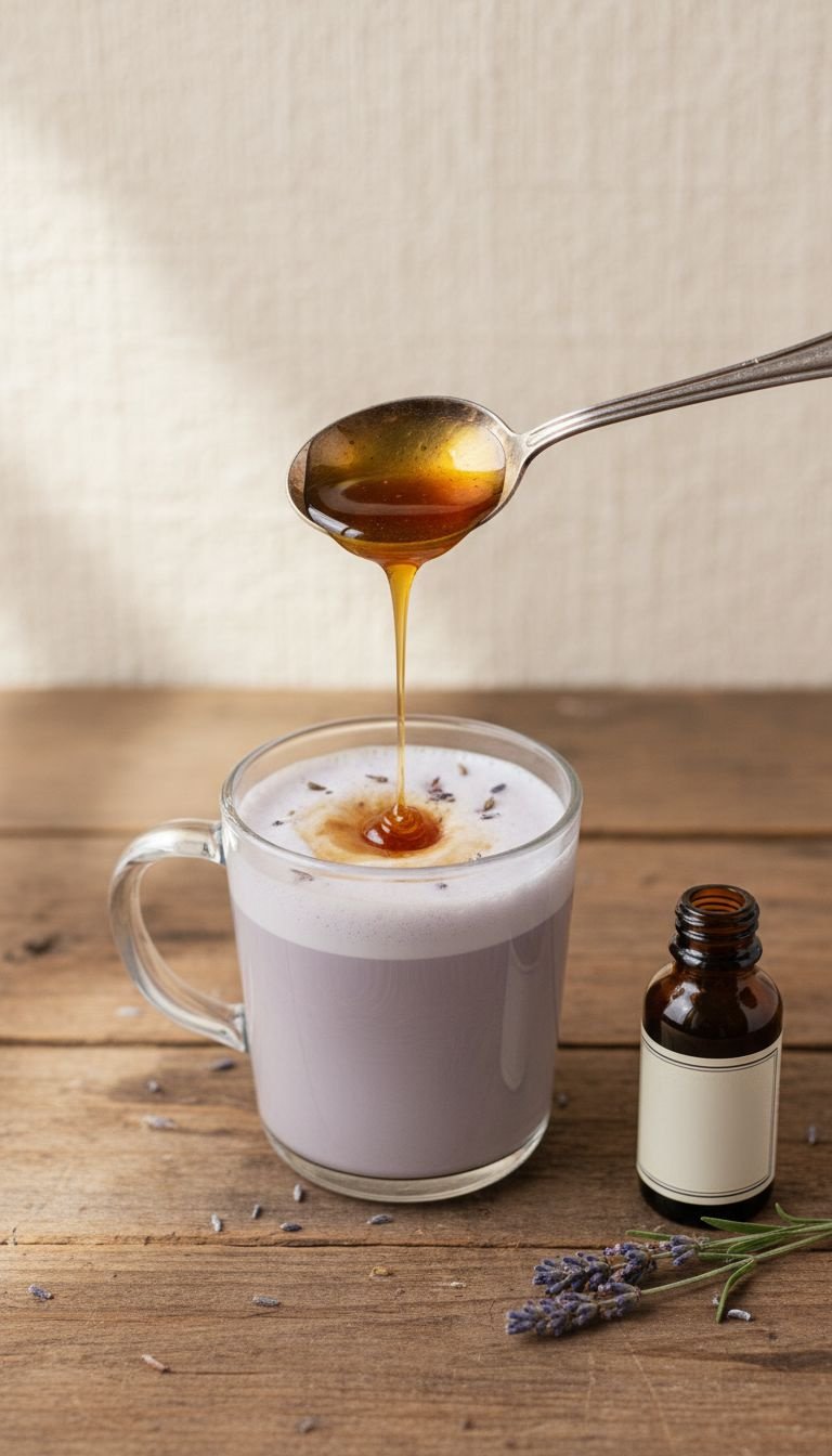 7 Secrets To Master Your London Fog Latte Recipe 5 Measuring spoon with viscous vanilla syrup poised above a London Fog Latte in a glass mug, on a rustic wooden table. Flavor balancing.