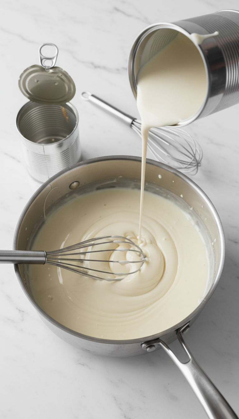 Homemade White Mocha Coffee Syrup: Starbucks Copycat Recipe 3 Melted white chocolate mixture being whisked vigorously as sweetened condensed milk pours into a stainless steel saucepan.