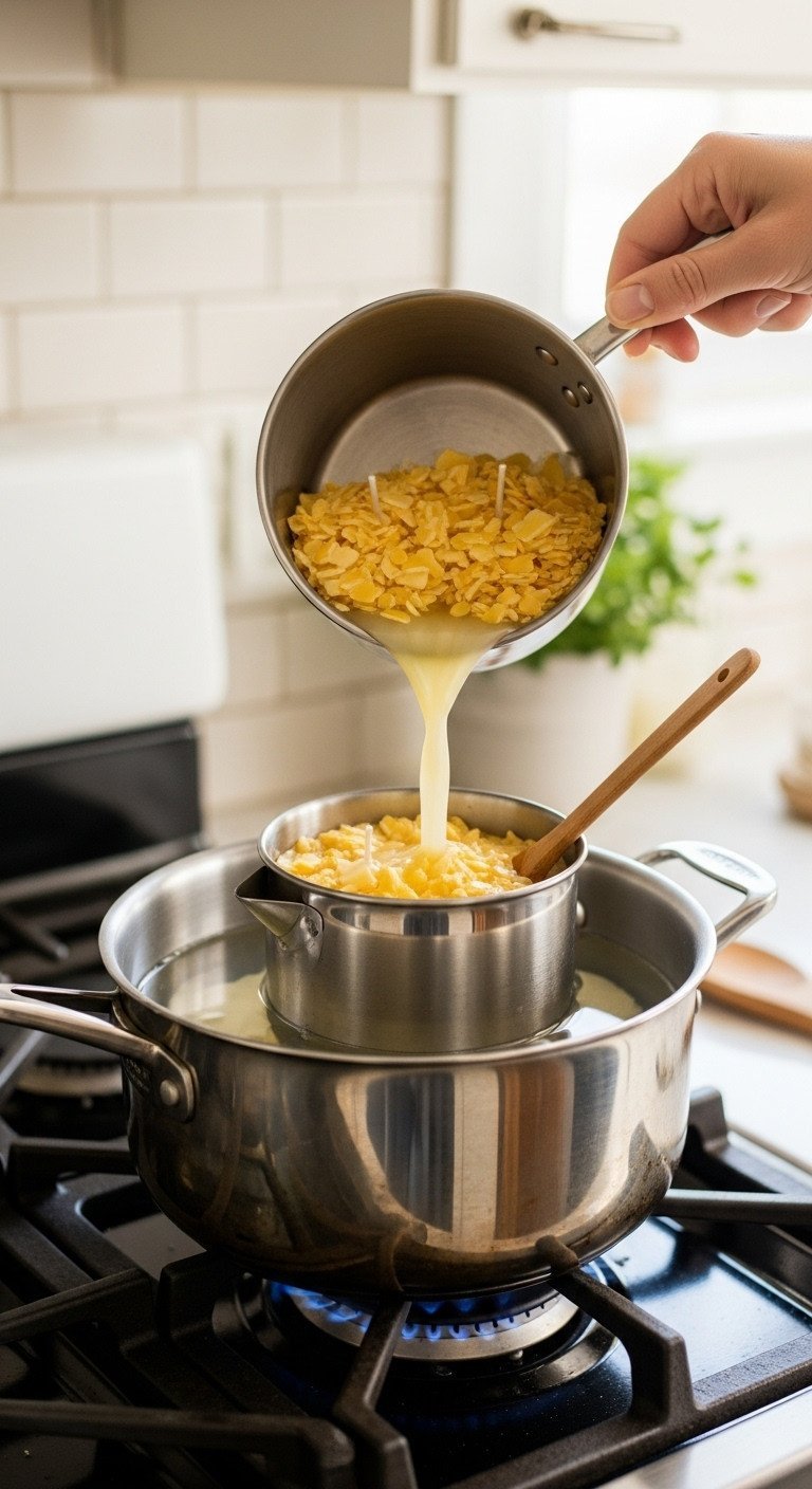 Melting soy wax in a stainless steel pouring pot on a kitchen stove using the double boiler method for DIY candle making.
