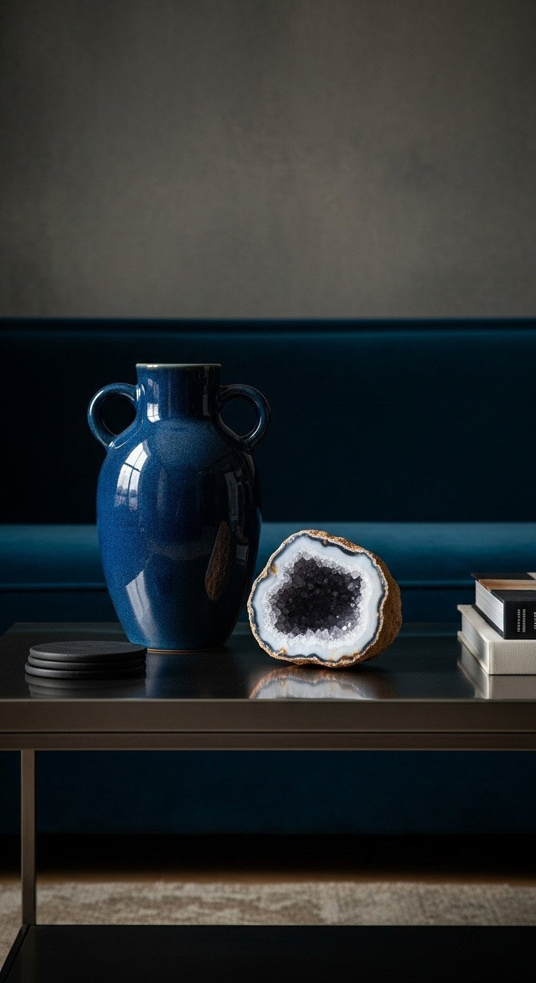 Metal coffee table with a striking, unique ceramic sculpture as a signature decor piece. Luxurious styling, dramatic lighting, deep tones.