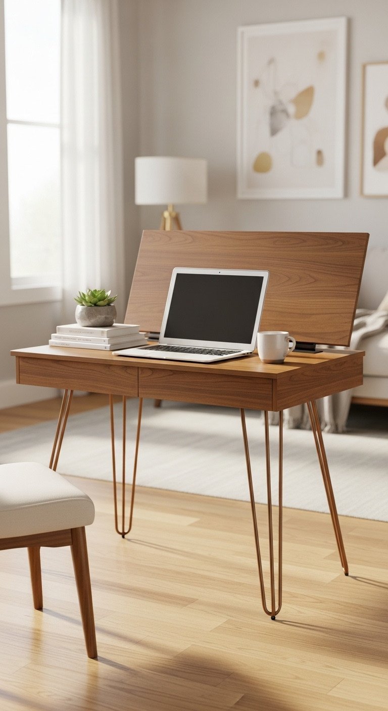 Unlock Genius Storage In A Quality Lift-Top Coffee Table 1 Mid-Century Modern lift-top coffee table with walnut veneer and hairpin legs, elevated to desk height, featuring a laptop and mug.