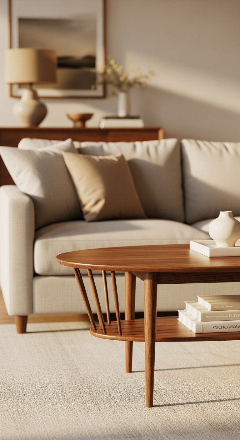 Smart Oval Coffee Table Ideas to Elevate Your Living Room 1 Mid-century modern living room featuring a cozy walnut oval coffee table with tapered legs, styled with books and a vase on a rug.