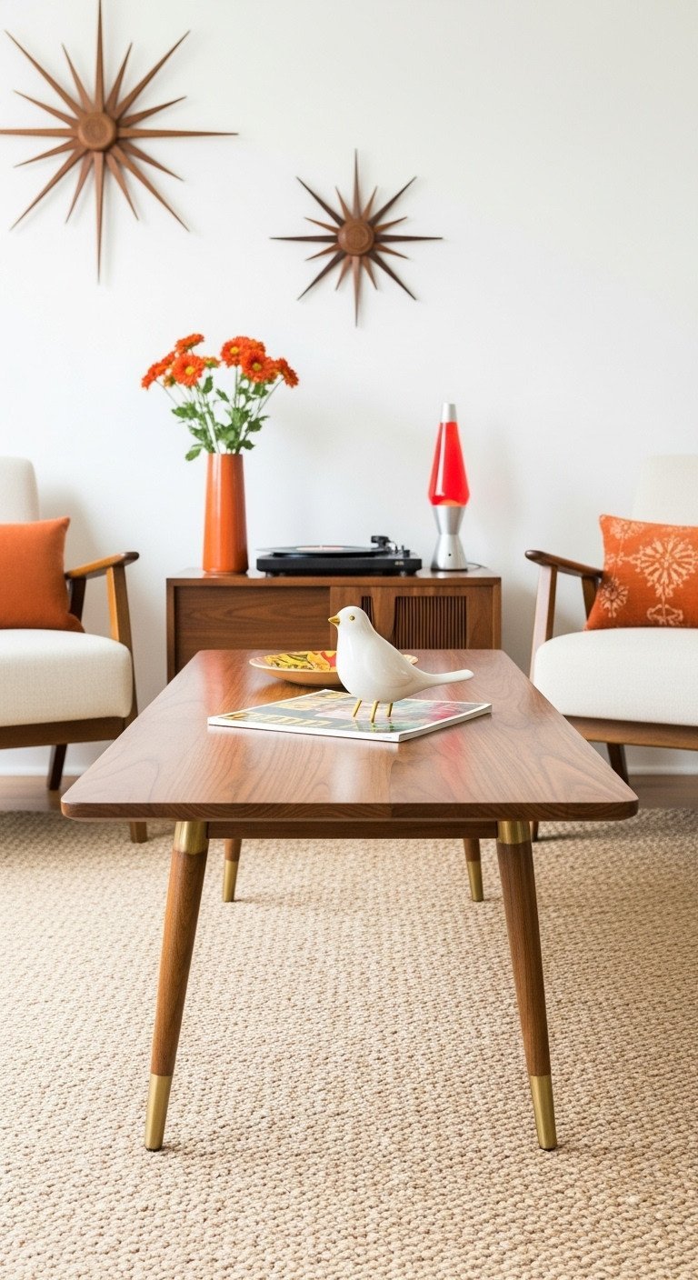 Mid-century modern walnut and brass coffee table, styled with bird figurine and magazine, between armchairs.
