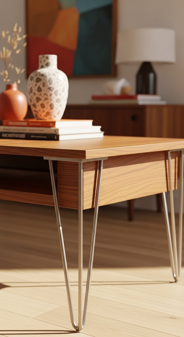 Mid-century modern walnut coffee table, slender metal hairpin legs, rich wood grain. Elegant living room decor.