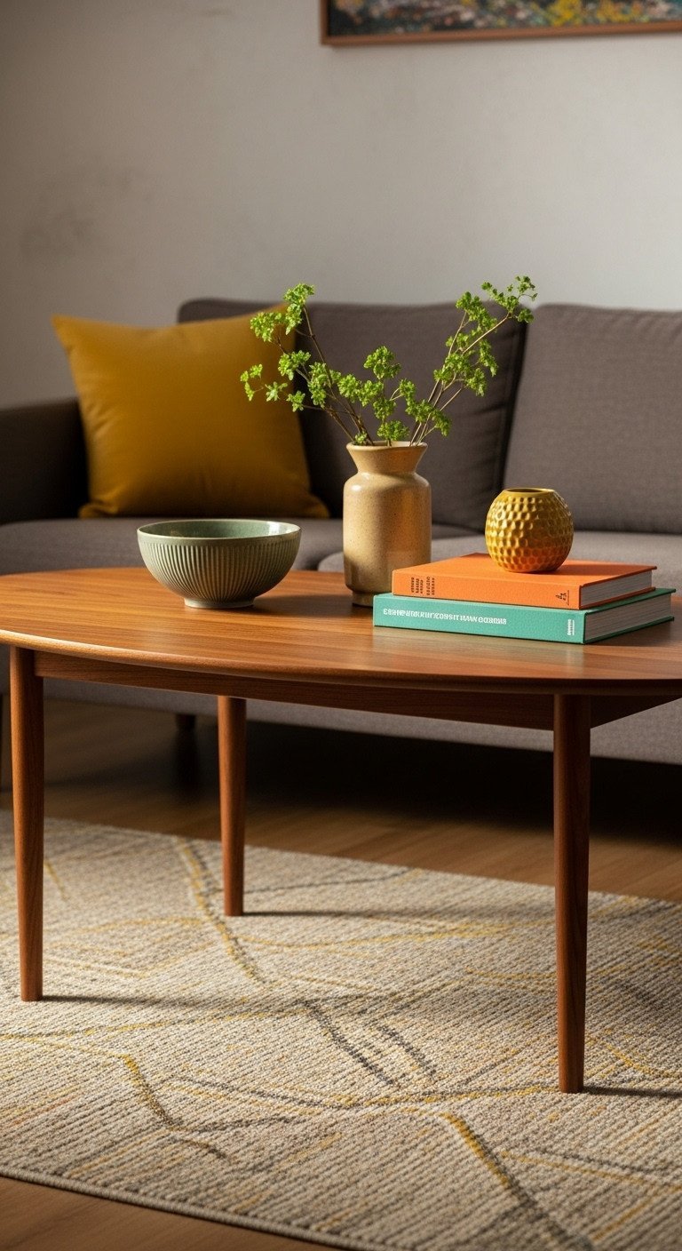 Mid-century modern walnut coffee table, tapered legs, rich wood grain. On geometric rug, vintage decor. Walnut, mustard, earthy greens.