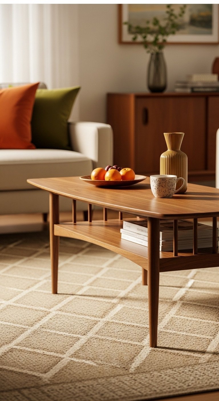 Mid-century modern walnut coffee table with spindle legs. Elongated design, tapered silhouette in a retro living room.