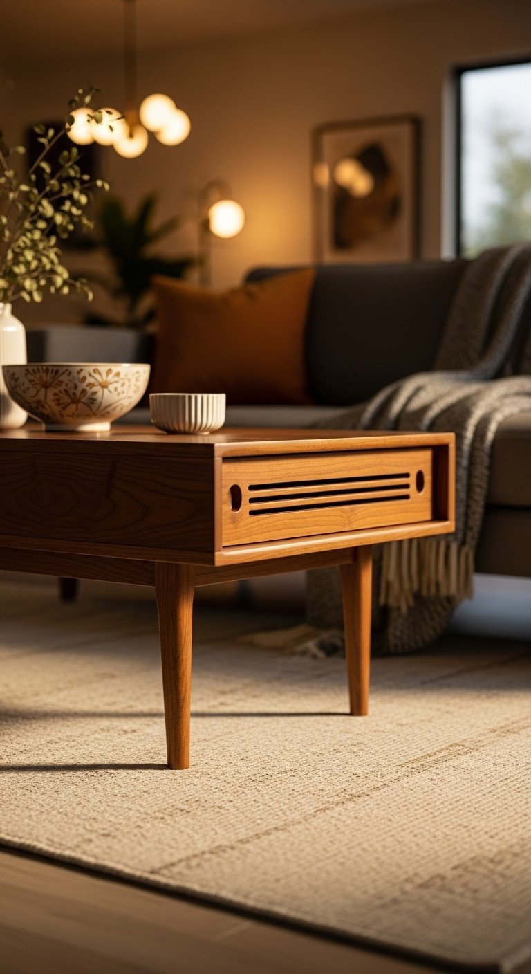 Mid-century modern walnut coffee table with tapered legs and clean lines, styled in a cozy living room with warm golden hour light.