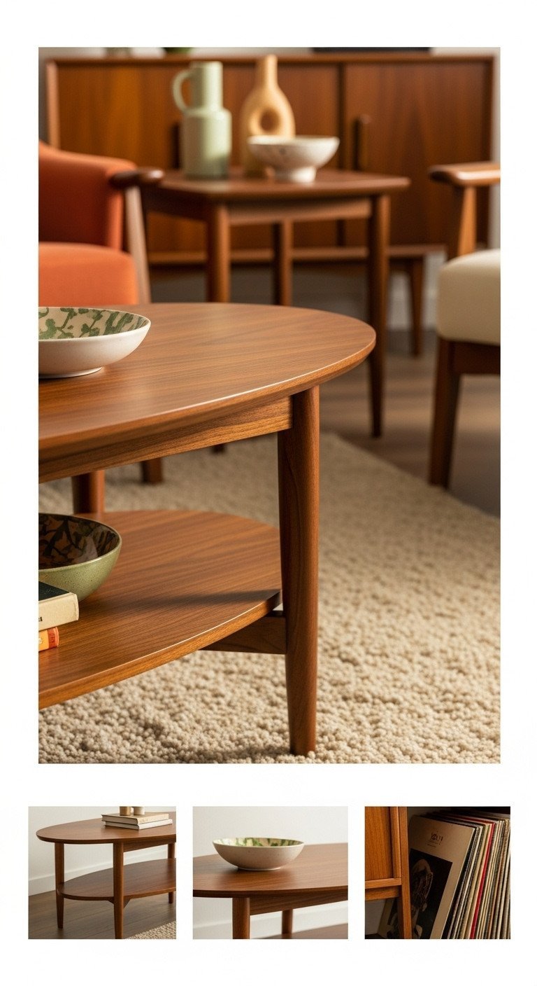 Mid-century modern walnut curved coffee table with waterfall edge, styled with a vintage bowl and vinyl records.