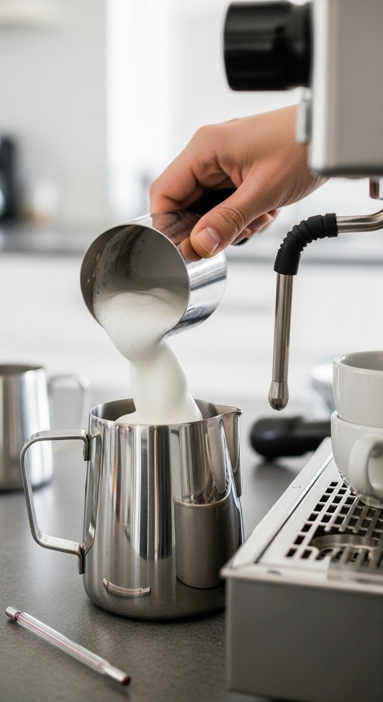 The Genius Brown Sugar Latte Recipe Iced Shaken And Hot Steamed 11 Milk steaming in a stainless steel pitcher with an espresso machine wand, creating velvety microfoam for latte art.