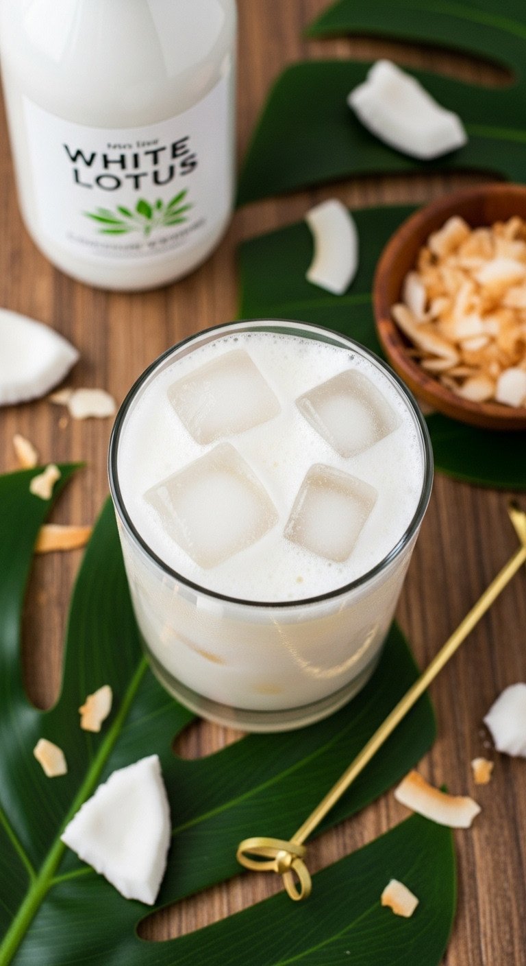 Lotus Energy Drinks 11 Expert Recipes To Master Clean Energy 16 Milky white White Lotus coconut energy drink with foam, crushed ice, tropical leaves, toasted coconut on rustic wood.