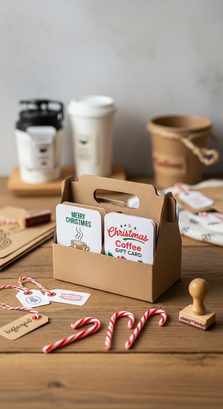 Miniature cardboard coffee carrier holding four uniquely designed Christmas coffee gift card sleeves for bulk gifting.
