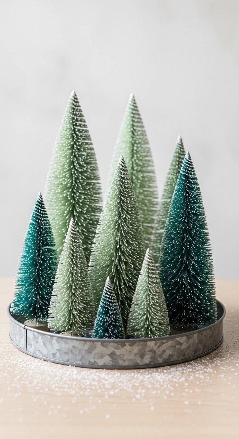Miniature frosted green and white bottle brush trees on a galvanized metal tray with faux snow. Winter holiday decor.