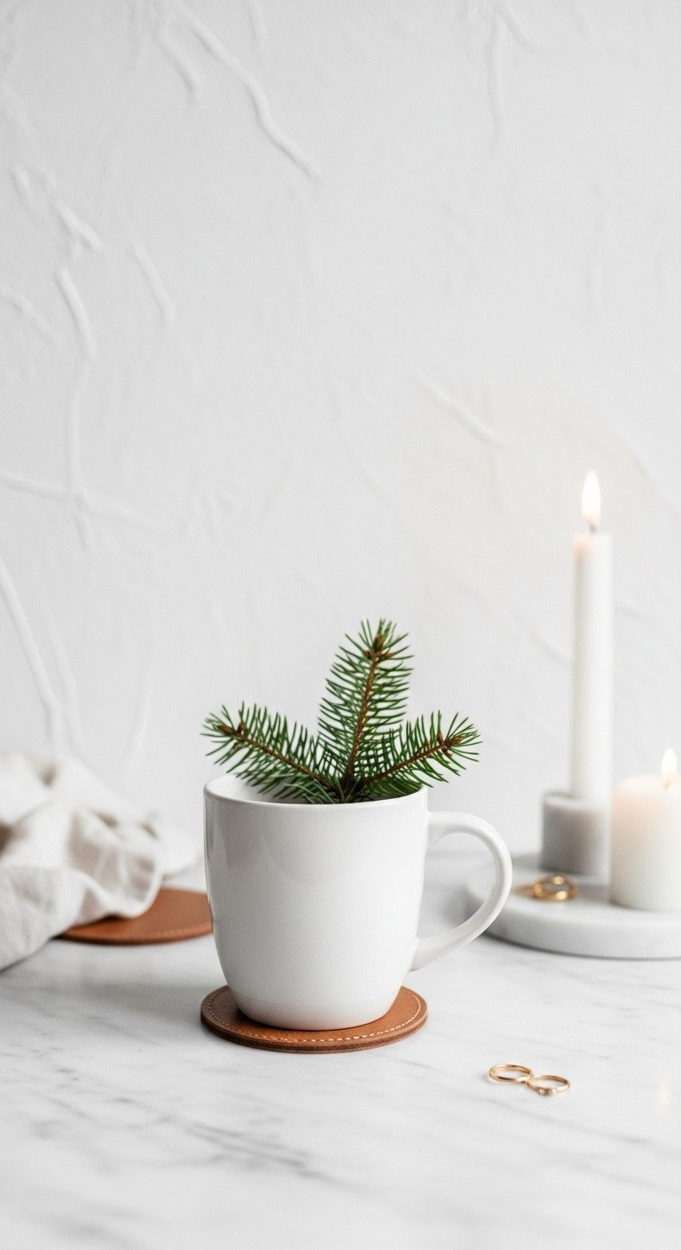 Minimalist Christmas coffee aesthetic: white mug, pine sprig, white candle on marble countertop with soft gray accents.