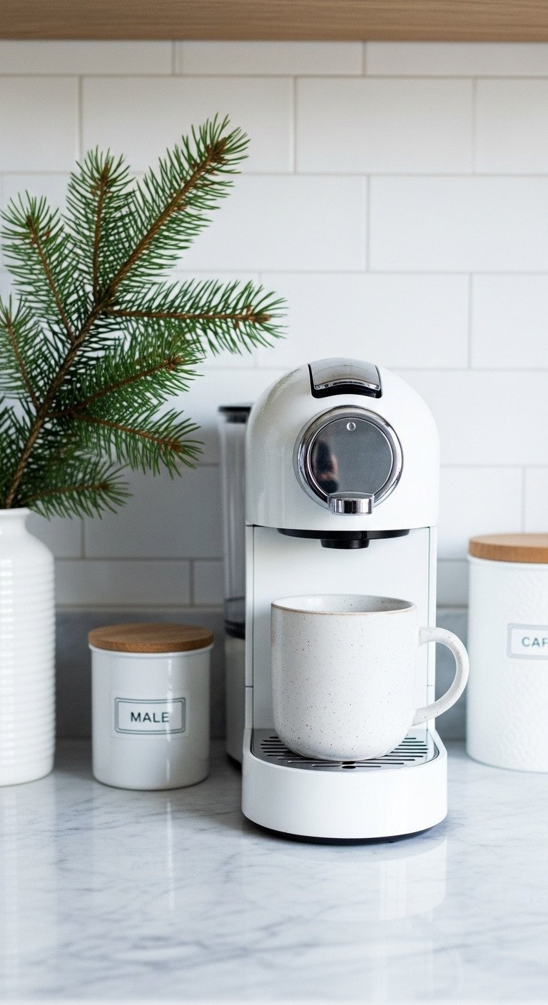 Minimalist Christmas coffee bar with stylish mug, white coffee maker, green pine sprig on clean marble countertop, bright light.