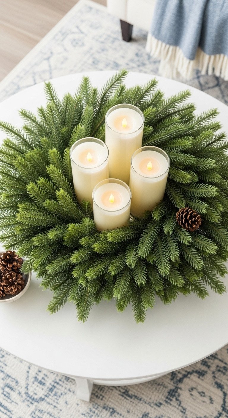 Minimalist Christmas coffee table decor: evergreen wreath with three flameless pillar candles in hurricane glasses, pine cones.