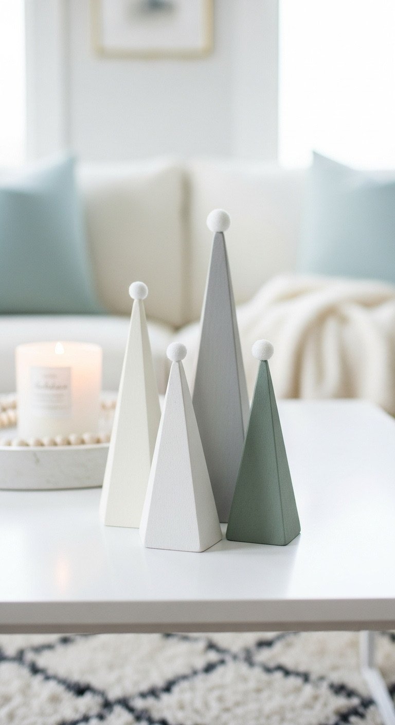 Minimalist Christmas decor: DIY wood block trees in neutral tones with snow effect, arranged on a sleek modern coffee table.
