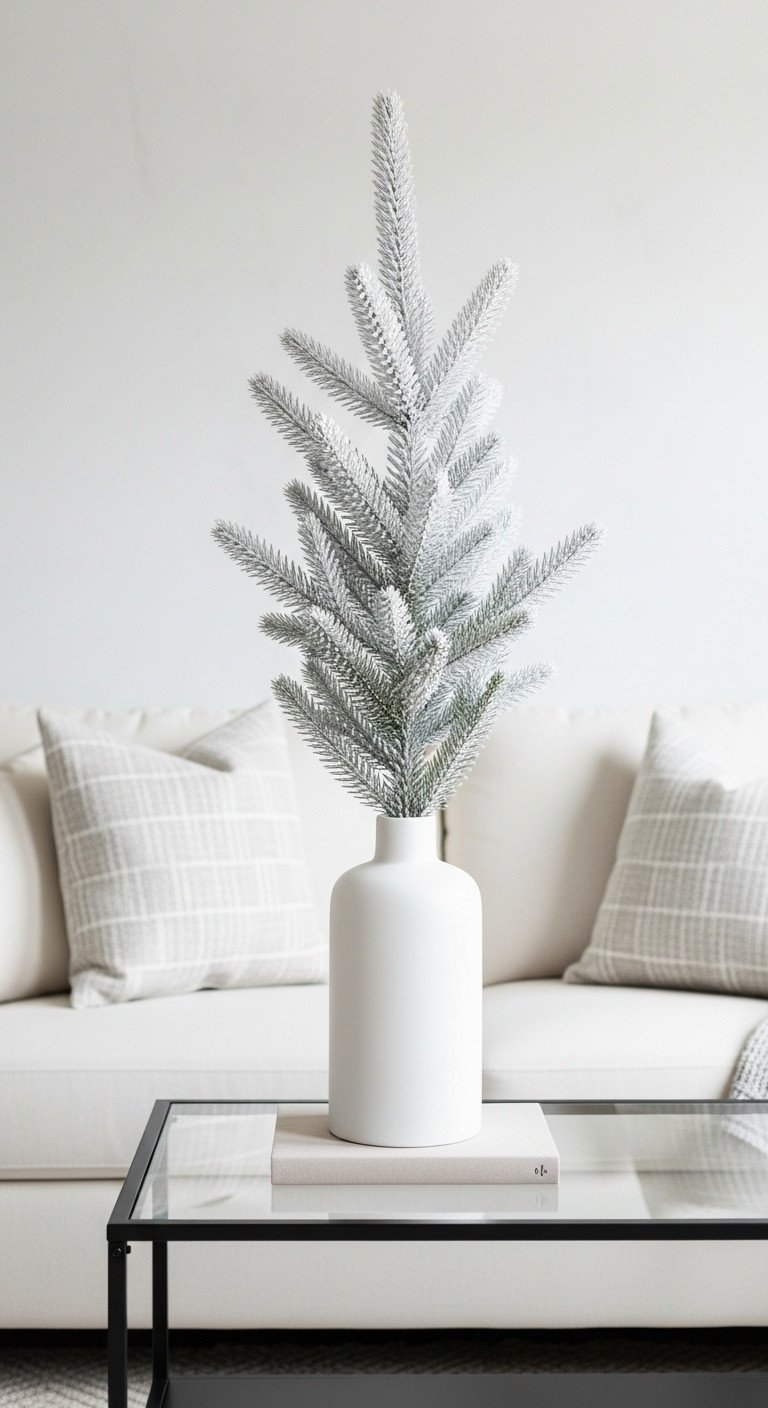 Minimalist Christmas decor: elegant frosted pine branch in a white vase on a dark glass coffee table, emphasizing negative space.
