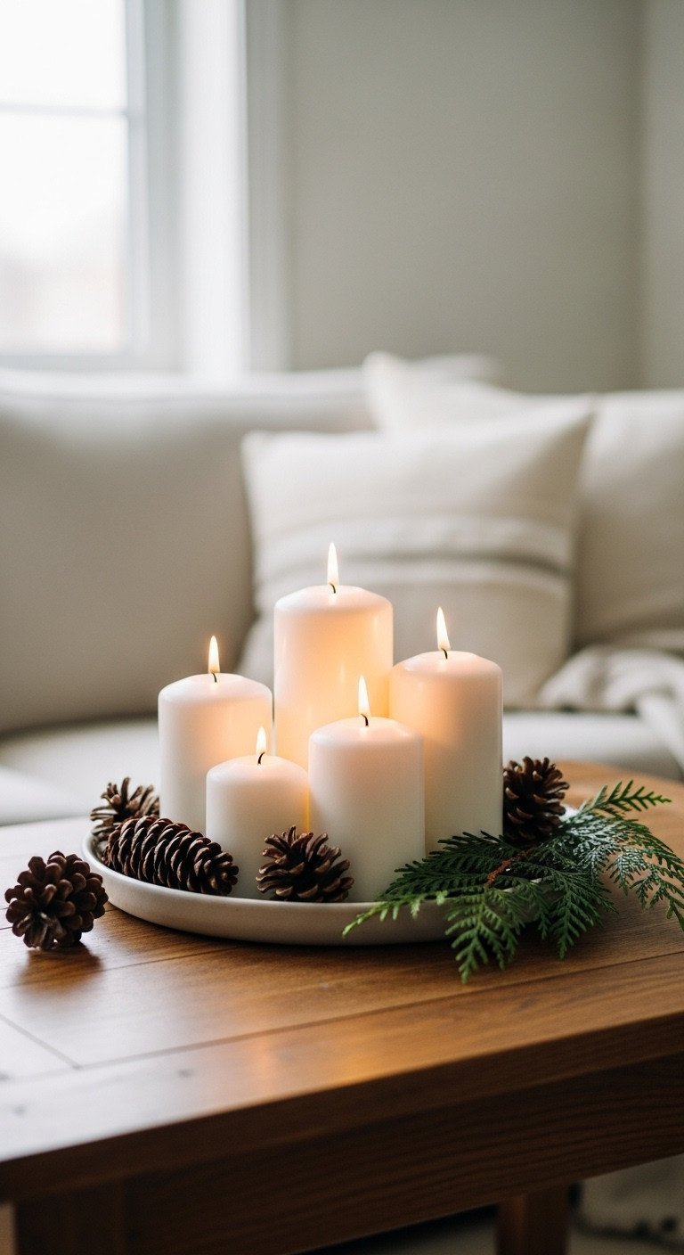 Minimalist Nordic Christmas coffee table decor with white pillar candles, natural pine cones, and fresh cedar sprigs on a dark wood table.