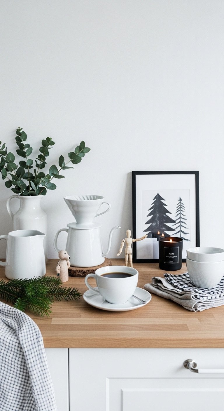 Minimalist Scandinavian Christmas coffee corner: natural wood, white ceramics, subtle greenery, pour-over coffee maker.